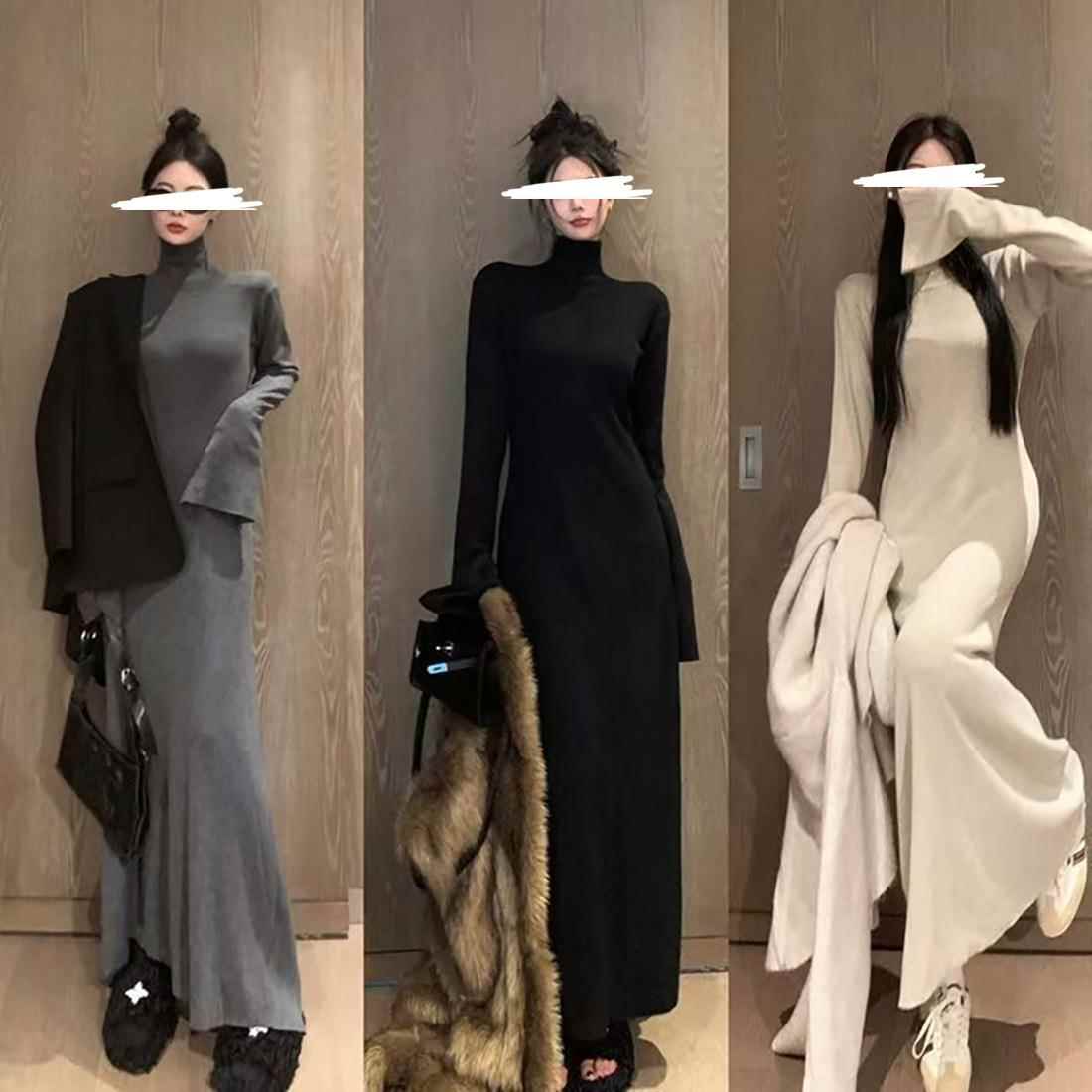 简遇luck品质女装法式慵懒风高领连衣裙女装新款修身内搭中长款打