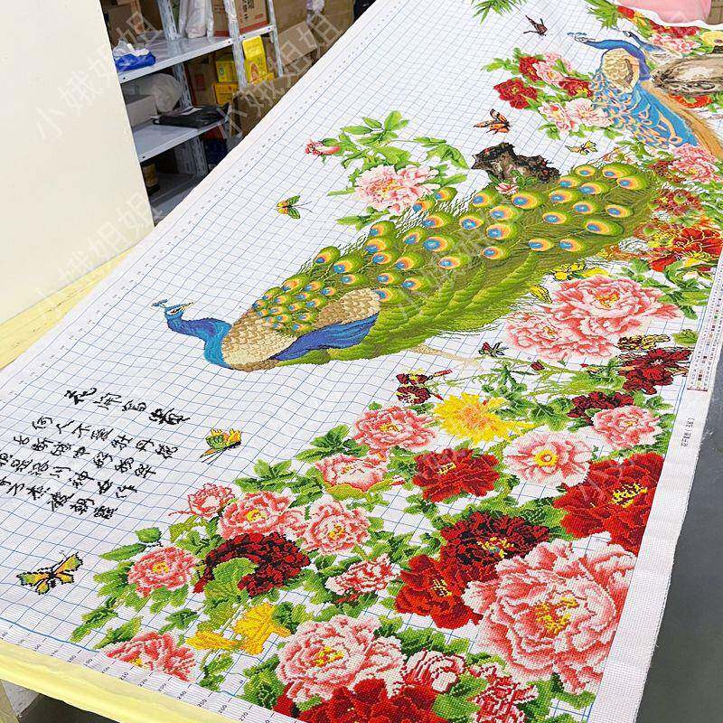 孔雀十字绣成品不带框纯手工出售绣好的2025新款高端客厅牡丹花卉