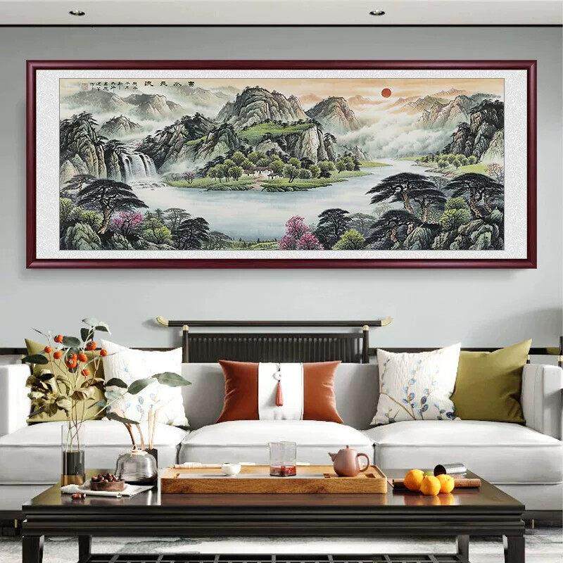 源远流长山水画聚宝盆风水靠山画客厅装饰画办公室国画西墙壁挂画