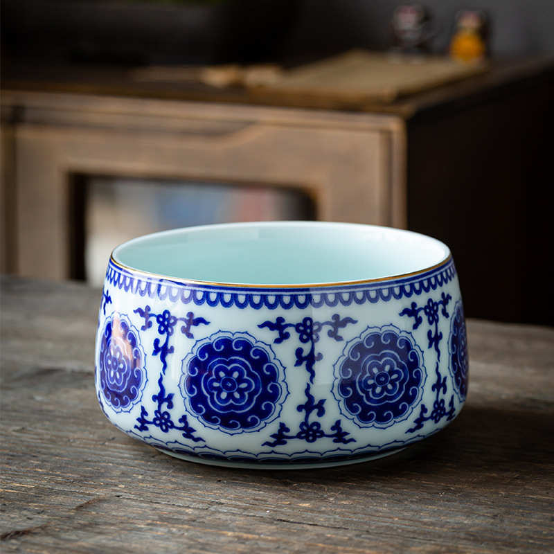 青花瓷大号茶洗陶瓷水盂笔洗茶杯水洗碗功夫茶具茶道六君子配件