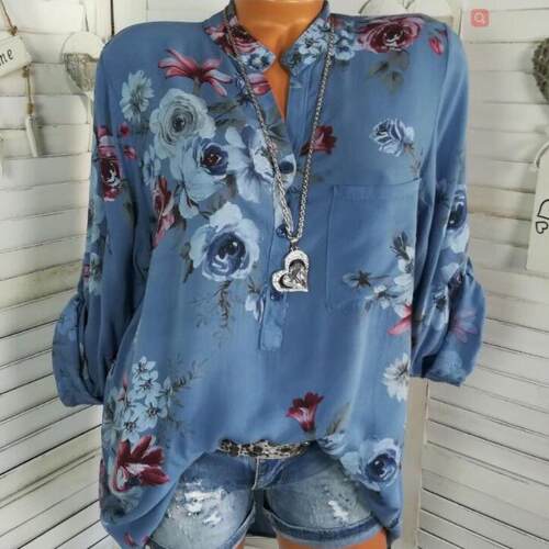 Women Floral Print Shirts Button Sleeve V Neck Fitted Tops