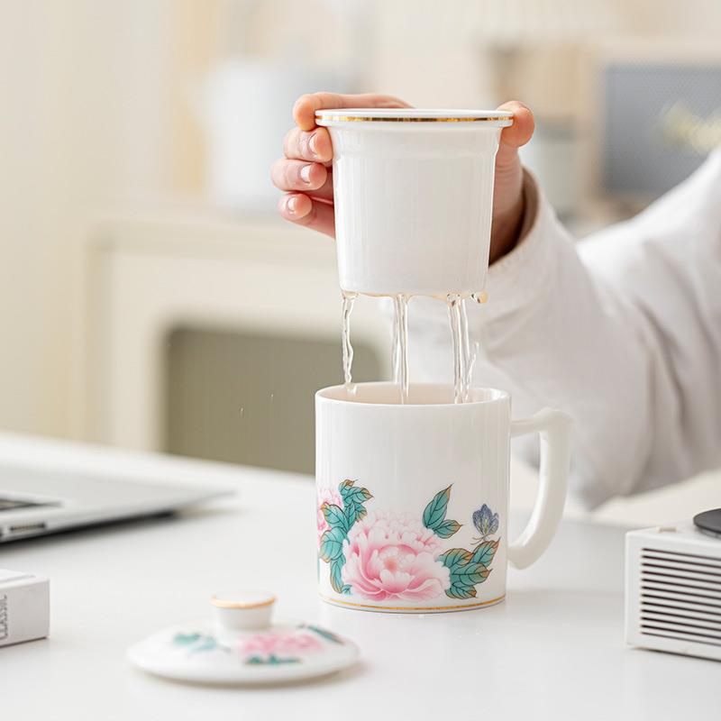 羊脂玉白瓷马克杯带盖过滤三件套个人办公杯陶瓷茶杯茶水分离水杯