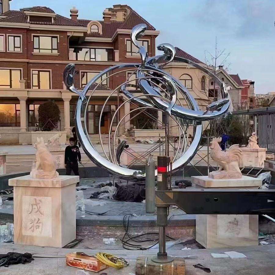 不锈钢鲸鱼雕塑金属海豚浪花商场广场园林景观落地艺术品源头厂家