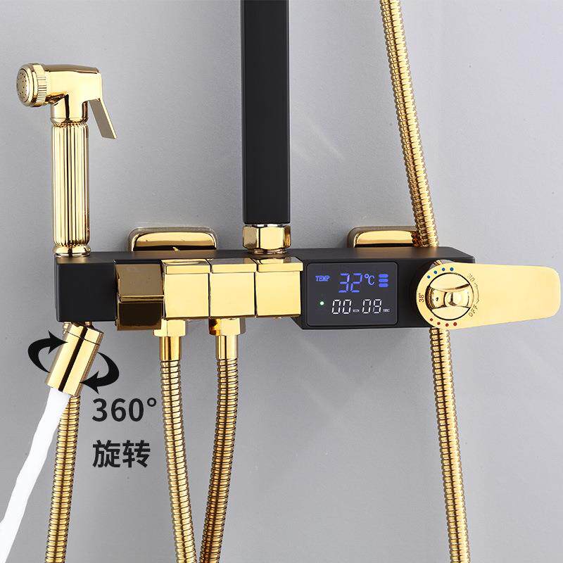 新款直销钢琴黑金色恒温数显淋浴花洒套装家用卫生间全铜浴室沐浴
