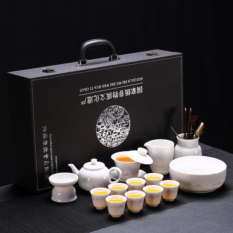 幻山无争羊脂玉瓷茶具套装茶具家用多件套会客品茗泡茶悬停盖碗
