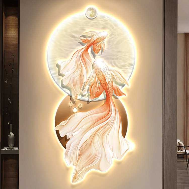 现代轻奢进门入户玄关发光锦鲤装饰画走廊过道LED灯光画挂画壁画