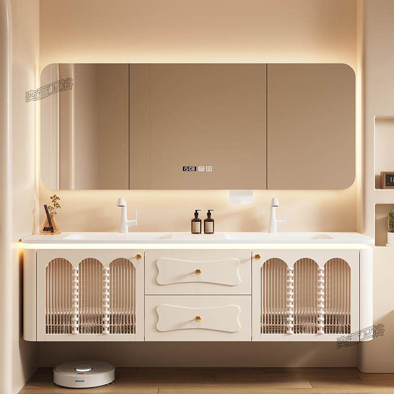 法式奶油风双盆浴室柜组合岩板热弯一体盆智能柜卫生间洗漱台复古