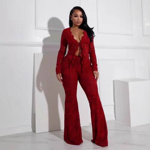 Lace Jacquard 2Piece Set for Women Sexy Tie Long Sleeve