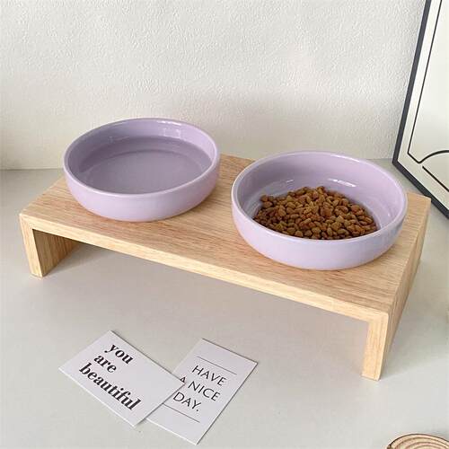 纯色猫碗防黑下巴猫食盆大口径陶瓷木架狗粮碗喂水碗防打翻宠物碗