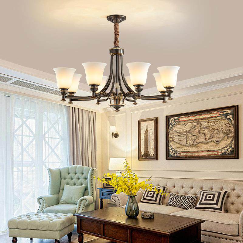 美式复古黑色奢华客厅灯欧式古典大气餐厅卧室玻璃灯罩全铜吊灯无