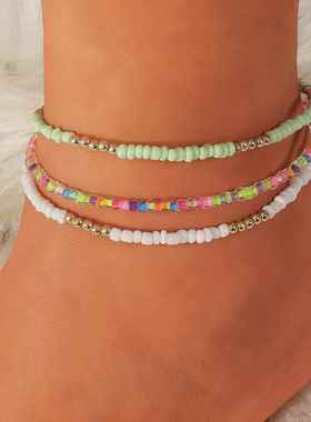 3pcs/set Bohemian Colorful Beaded Beads Anklets For Women Su
