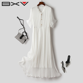 bxv白色真丝连衣裙女中长款2024夏季洋气，桑蚕丝飘逸沙滩长裙