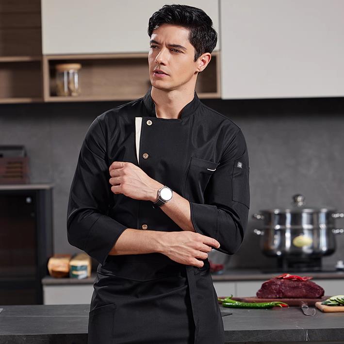 厨师工作服男厨房餐饮工作服长袖秋冬饭店厨师服三角透气弹力棉