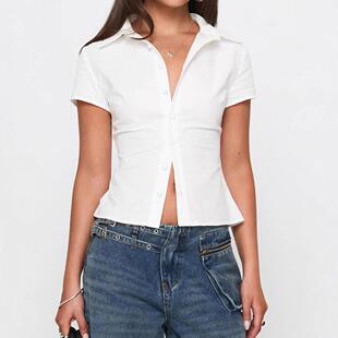 Women's Button Collared Shirt Blouse, Casual Slim-fitting