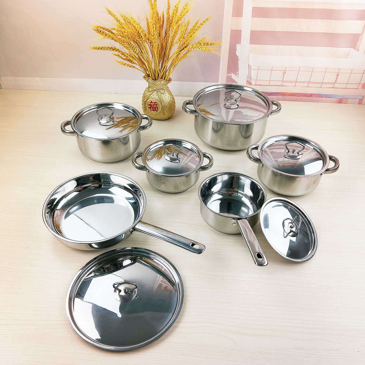 南非不锈钢套锅Cookware Set厨房炊具钢盖套装锅15件套装锅