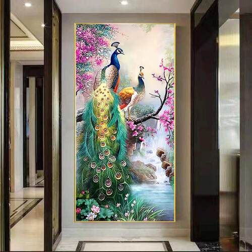 孔雀玄关装饰画入门竖版背景墙壁画轻奢中式走廊过道尽头挂画墙画