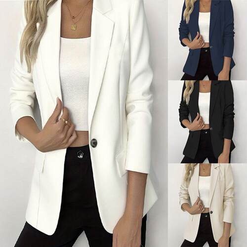 This is a womens apricotcolored Trendy blazer featuring a