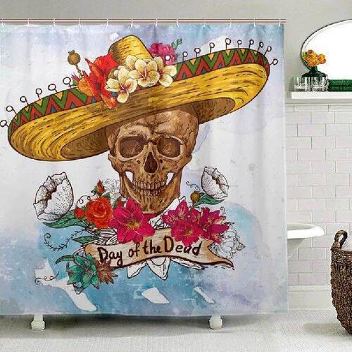 Day of the Dead Bath Curtain Colorful Flower Sugar Skull