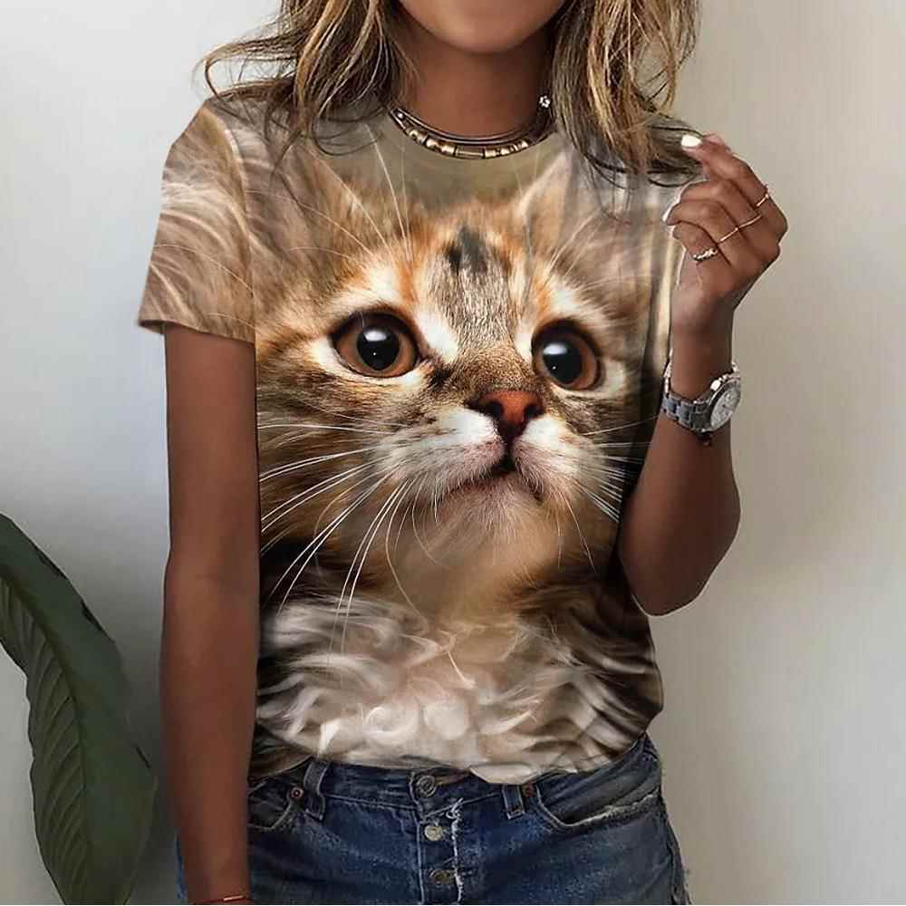 womens kawaii d cute kitten print -shirt womens crew neck