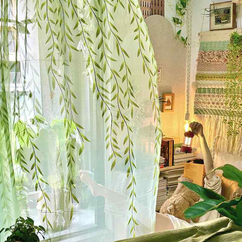田园风格窗纱成品绿色柳叶纱帘客厅卧室阳台落地窗特价全遮光窗帘