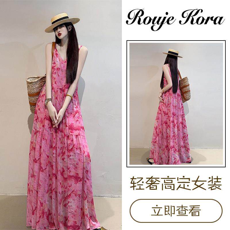 Rouje Kora度假风雪纺无袖吊带裙女夏季高级感甜美碎花大摆连衣裙