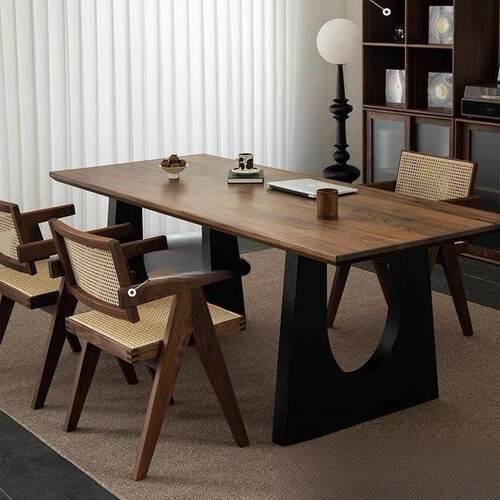 【折扣价】实木餐桌胡桃木色原木客厅餐桌椅长书桌工作台大板一体