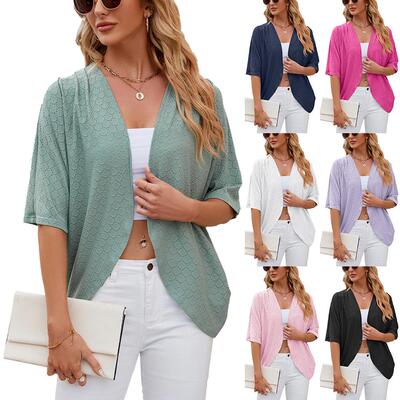 Plus Size Cardigan for Women Half Sleeve Netted Knit Ruffle