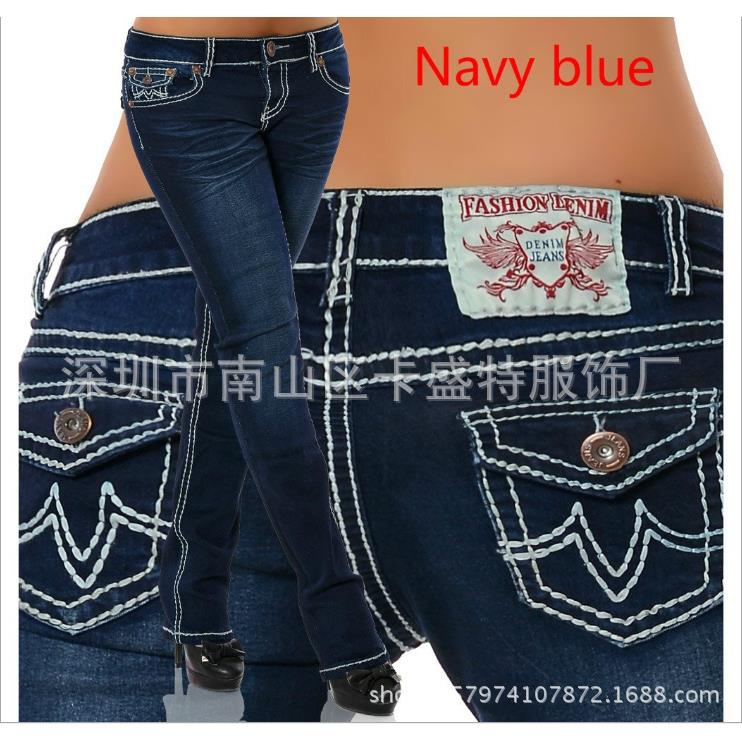 Colorful thread mid-rise thick embroidery pants stretch