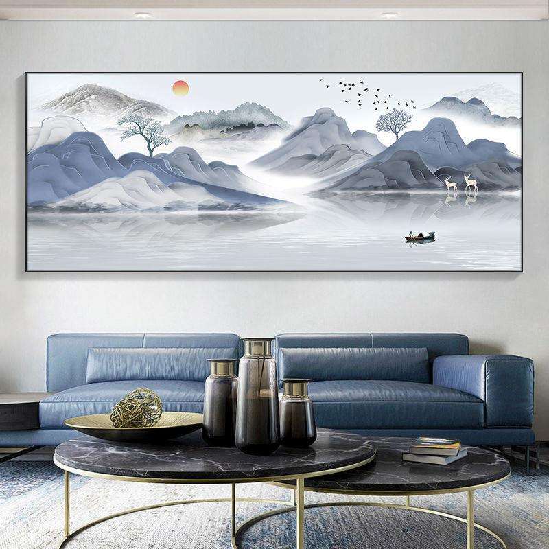 新款直销新中式客厅装饰画山水画水墨风景壁画横版整幅大尺寸茶室