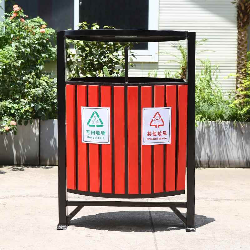 钢木双桶果皮箱户外不锈钢二分类垃圾桶公园街道公共带烟缸垃圾箱