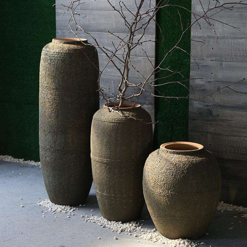 复古做旧粗陶手工落地花瓶三件套酒店庭院别墅摆件工艺品花盆坛子