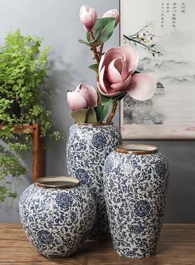 景德镇陶瓷 三件套干花花器陶瓷花瓶家居装饰品摆件 青花瓷缠枝莲