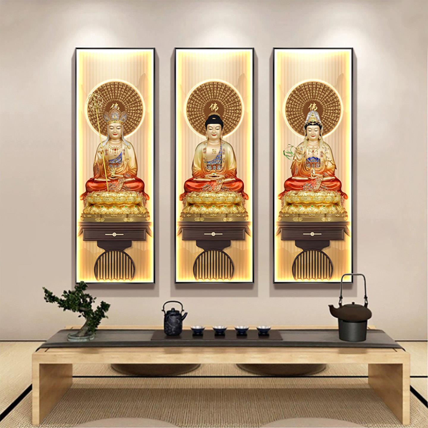 娑婆三圣地藏菩萨画像装饰画家用供奉佛堂背景墙心经壁画佛像挂画