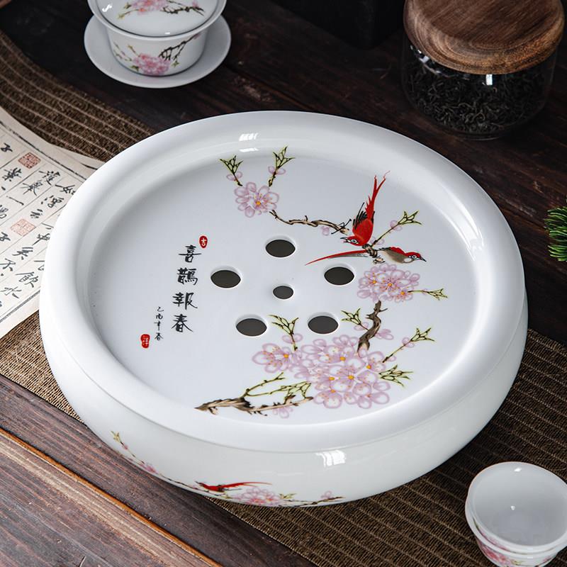 潮汕传统功夫茶盘家用陶瓷茶台圆形茶托储水式简号茶海功夫茶具