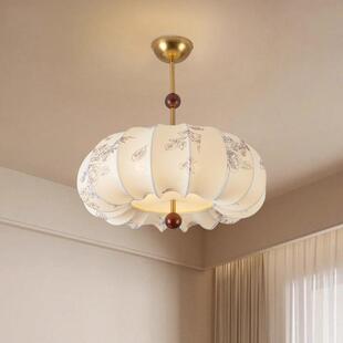 法式 书876房客厅创意布艺花 中古风形南洋吊灯圆卧印室灯美复古式