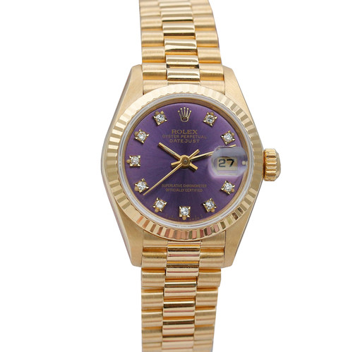 正品女金劳[9.8新]劳力士日志型紫盘后镶钻自动机械女表69178