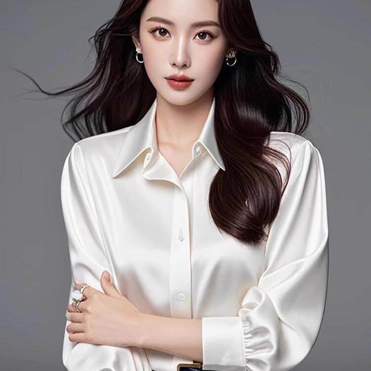 重磅真丝缎面衬衫女2026春秋新款高级感长袖百搭职业宽松正装衬衣