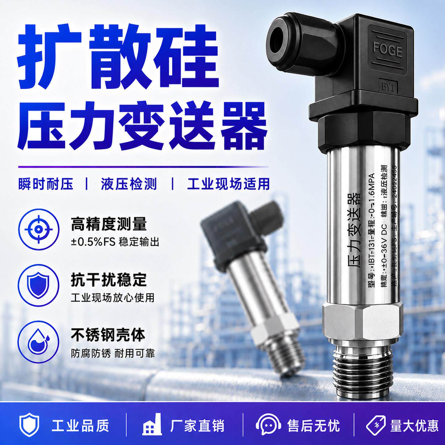 恒压供水压力感测器扩散硅压力变送器4-20mA气压液位感测器高精度
