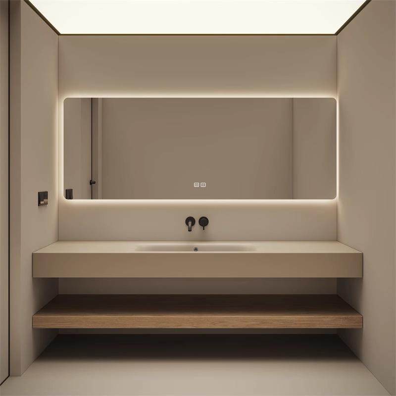 奶油风浴室柜组合岩板热弯一体盆卫生间双层酒店风洗手洗脸盆定制