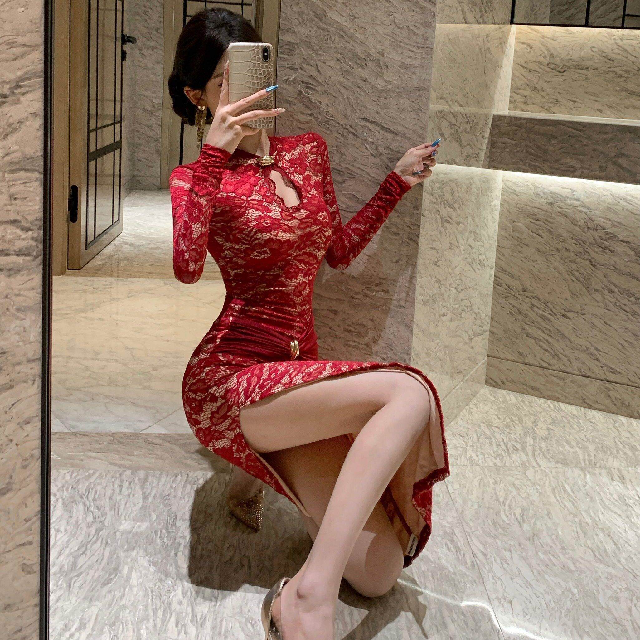 新中式红色蕾丝旗袍连衣裙高级气质性感开叉晚礼服修身显瘦包臀裙