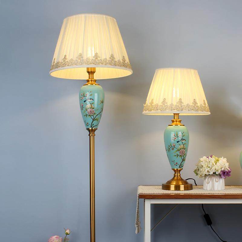 正品美覆式田园落地灯客厅欧式台古立式灯卧室布绘艺陶瓷蓝色手花