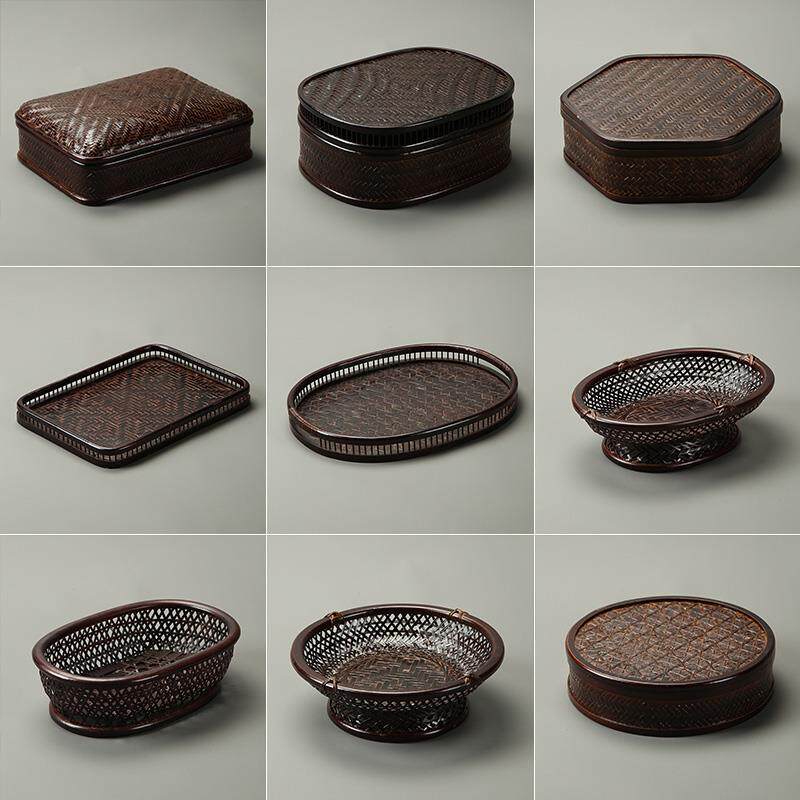 竹编复古圆盒带盖茶道收纳盒 碳化 点心干果收纳盒便携带盖竹盒
