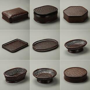 竹编复古圆盒带盖茶道收纳盒 碳化 点心干果收纳盒便携带盖竹盒