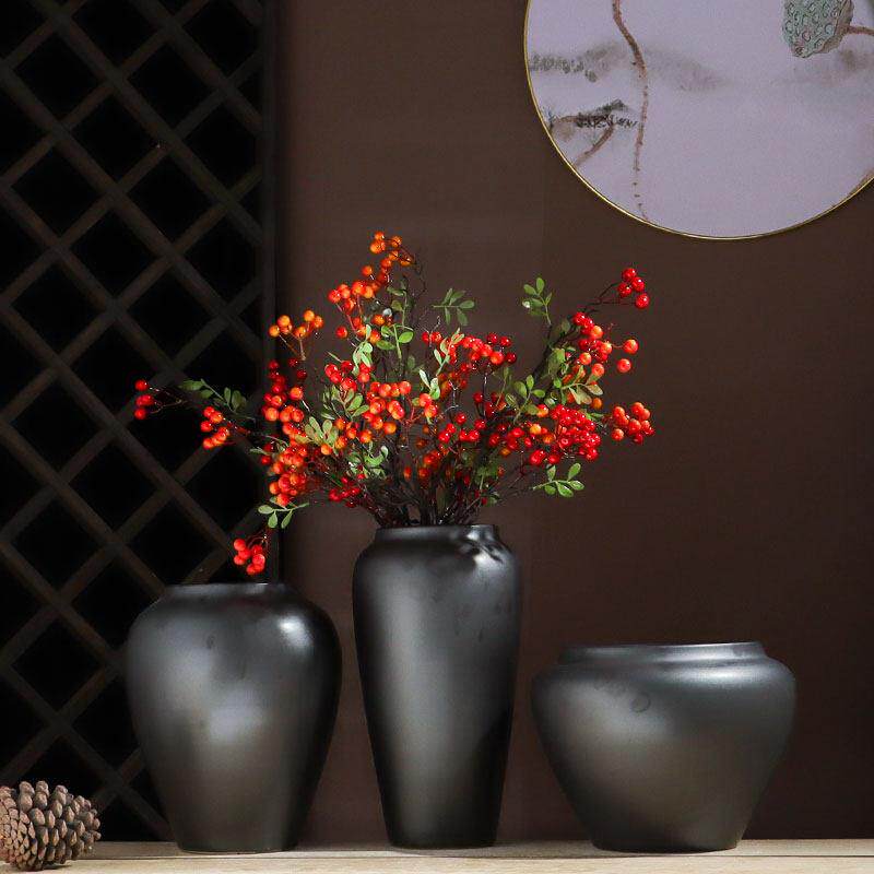 景德镇新型中式台面陶瓷花器黑色陶瓷花瓶家居装饰花瓶饰品