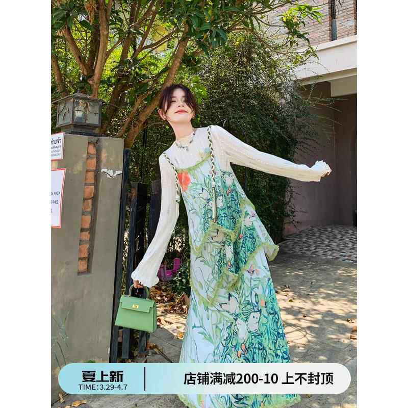古拉良品原创「春日琉璃翠」绝美假两件印花裙漂亮独特蛋糕连衣裙