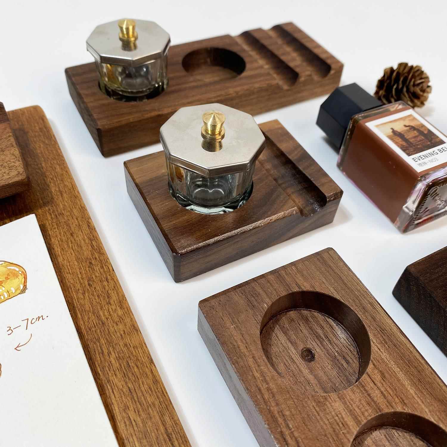 墨水底座搁笔木架 实用蘸水笔玻璃樽黑胡桃木底座 书法墨水底座