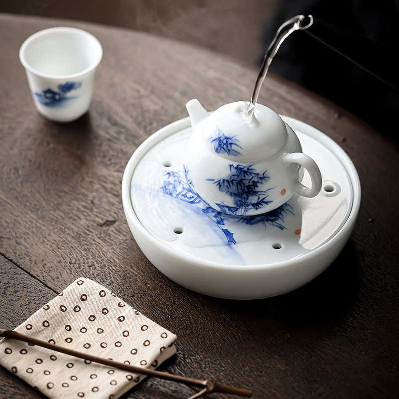 小型舍功夫茶盘干家用迷你沥水泡圆形竹林手绘储水陶瓷托盘茶台纯