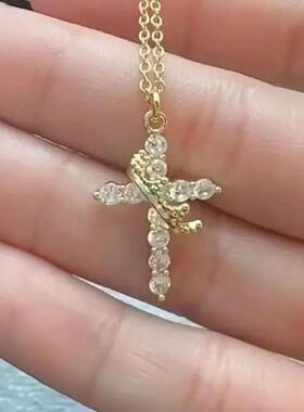 Rotatable Crown Cross Necklace AZircon Gold Silver 50cm Leng