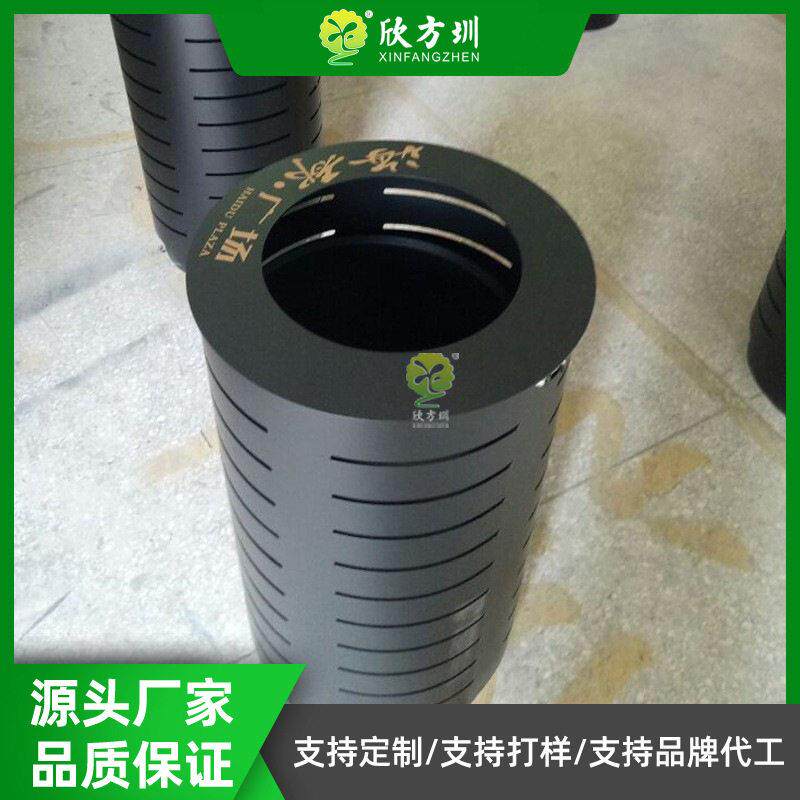 步行街圆柱形钢制垃圾桶温黑色金属果皮箱小区广场档垃圾箱