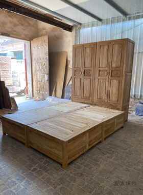 老木榻榻米麦床榆箱落地储物床箱全实木双66412人床箱体式床简床